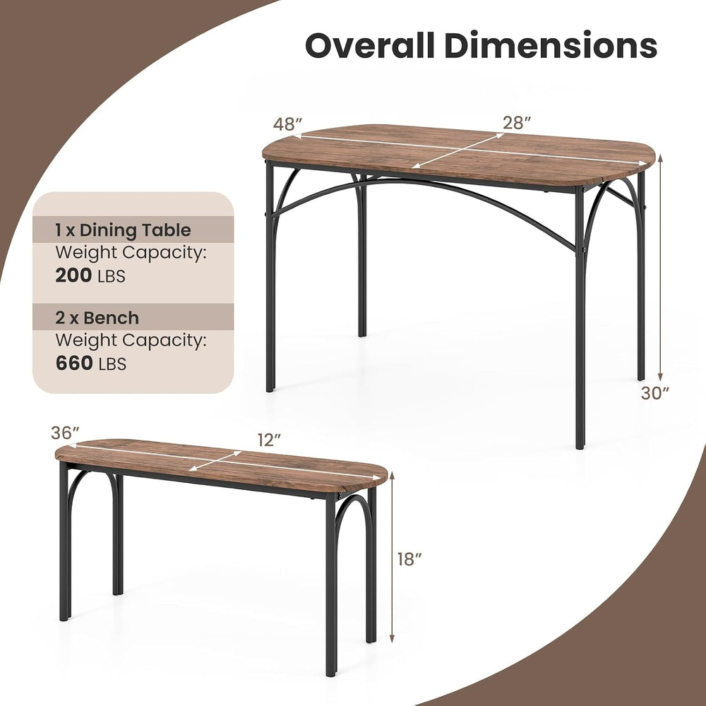 GOFLAME 3-Piece Dining Table Set for 4, Wooden Kitchen Table and 2 Benches Se...