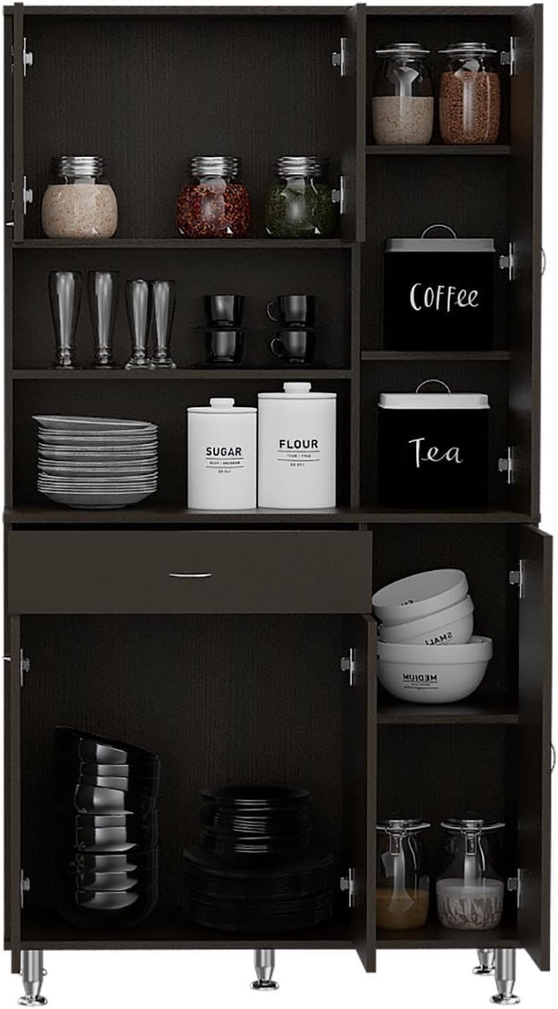 Tuhome Della 90 Kitchen Pantry, One Drawer, Multiple Cabinets, Two Open Shelv...