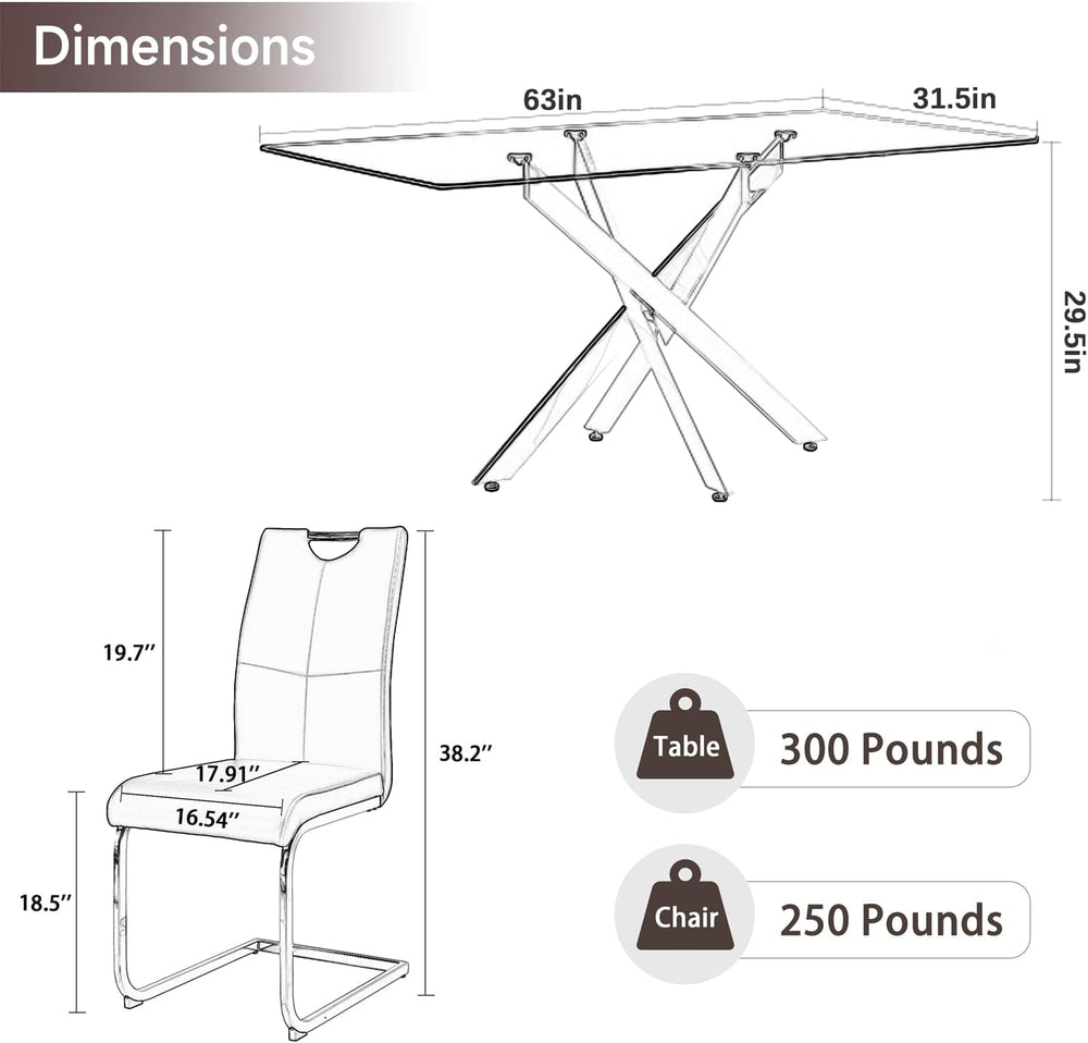 Modern 63 Inch Glass Dining Table Set for 6, 7 PCS Kitchen Table Set, Clear T...