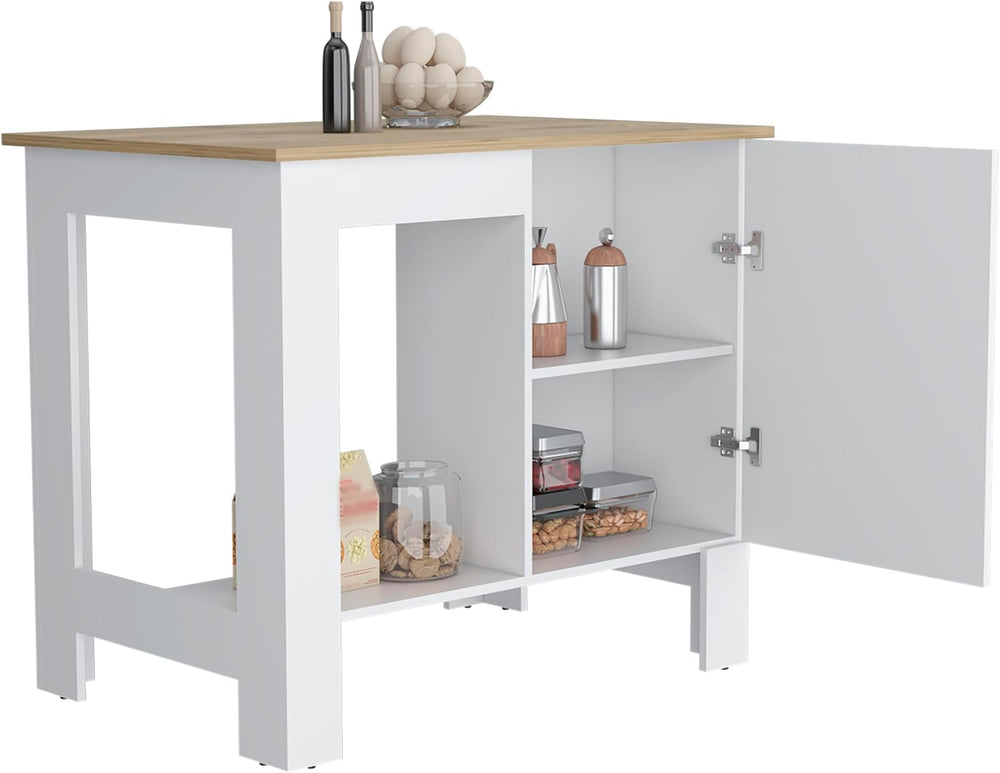 Modern White and Macadamia Kitchen Island with Single Door Cabinet Storage Sh...