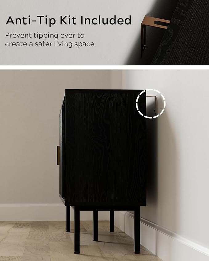 Black Fluted Tv Stand with Sliding Doors, 47" Mid Century Entertainment Center with Adjustable Shelf, Wooden Media TV Console with Storage Cabinet