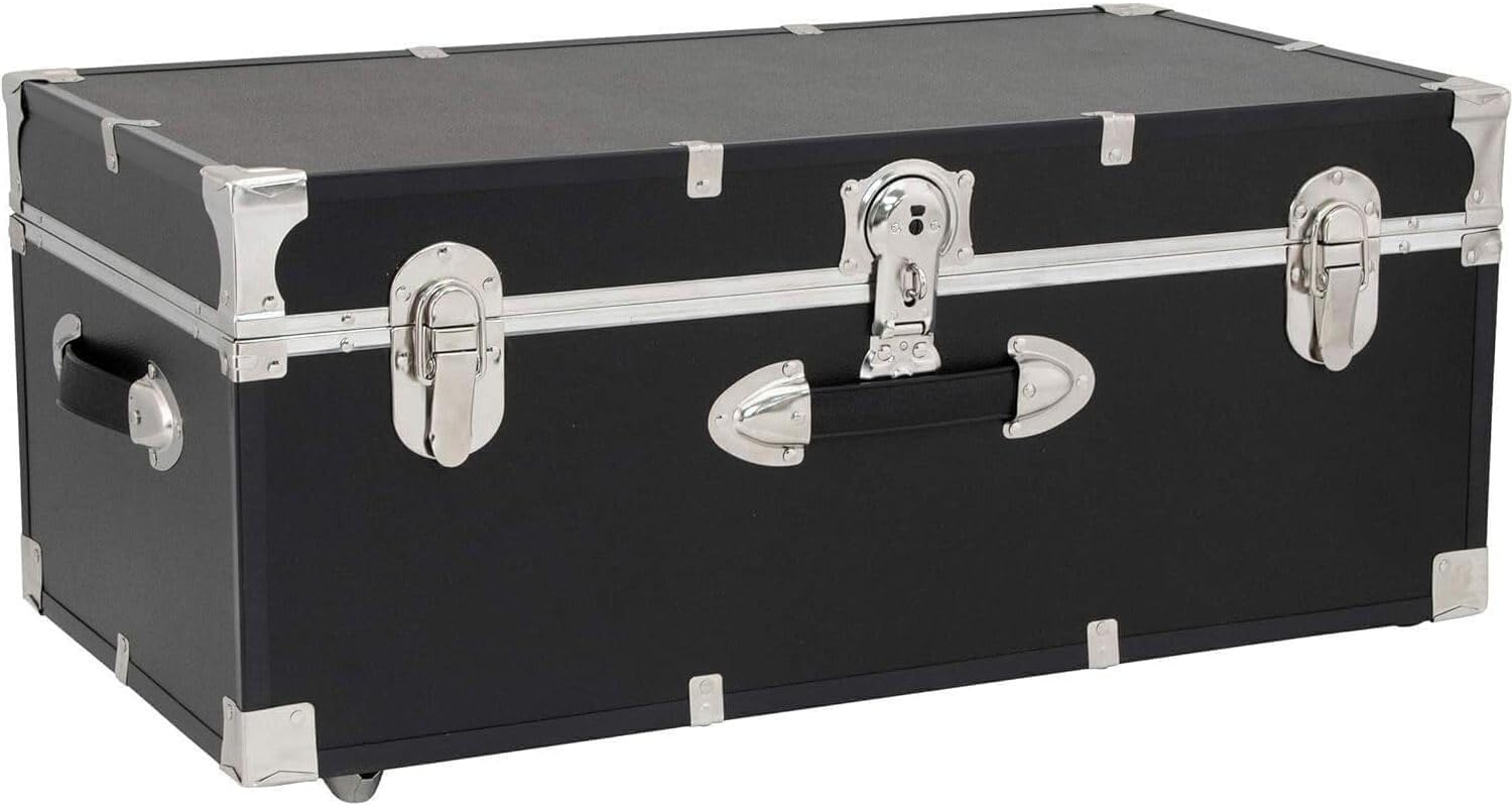 HomeStock Rustic Romance Heavy Duty 30" Under Bed College Storage Trunk with Lock, Latch Closure Type, 15.75" D x 30" W x 12.25" H, Ideal Camp Dorm Room Trunk Footlocker Black
