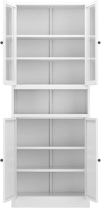 Metal Kitchen Pantry Cabinet - 72" Tall Sideboard Storage Case with Glass Doors & Adjustable Shelves, White Cupboard Storage Hutch Cabinet Coffee Bar Cabinet