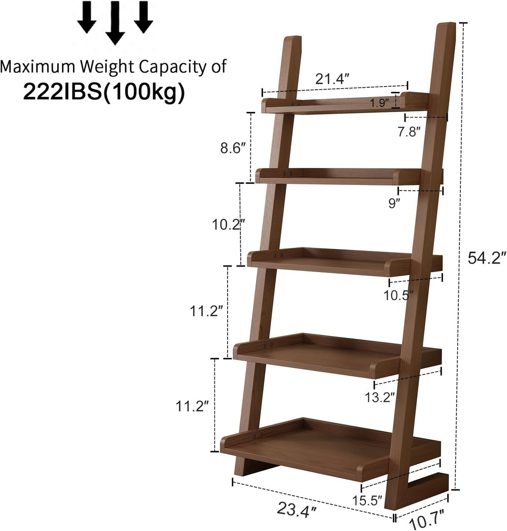 AQIMUELE Walnut Wooden Ladder Shelf with Edges, 5-Tier Modern Leaning Bookshe...