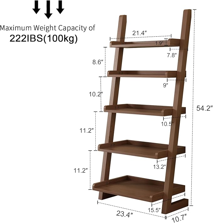 Walnut Wooden Ladder Shelf with Edges, 5-Tier Modern Leaning Bookshelf Ladder – Stylish Space-Saving Bookcase for Living Room, Bedroom & Home Office