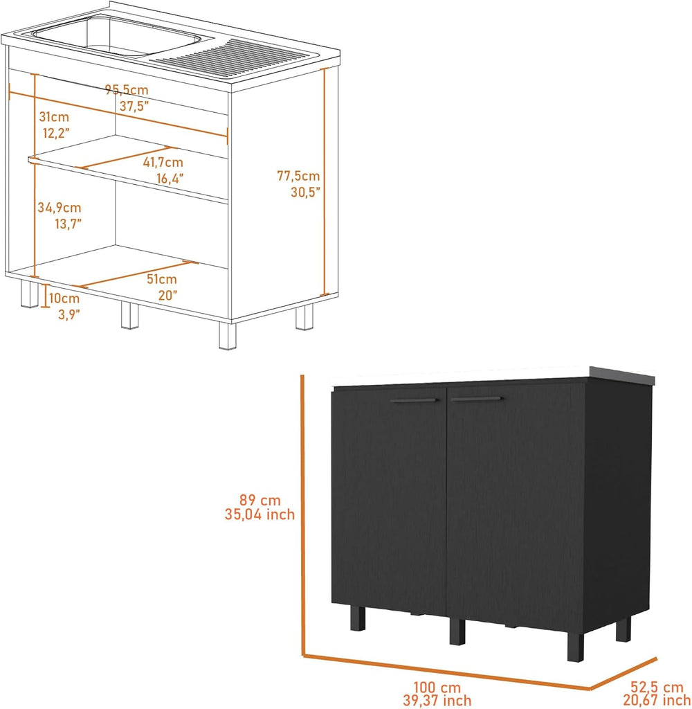 2 Piece Kitchen Set with Wall Cabinet and Utility Sink in Black | Includes st...