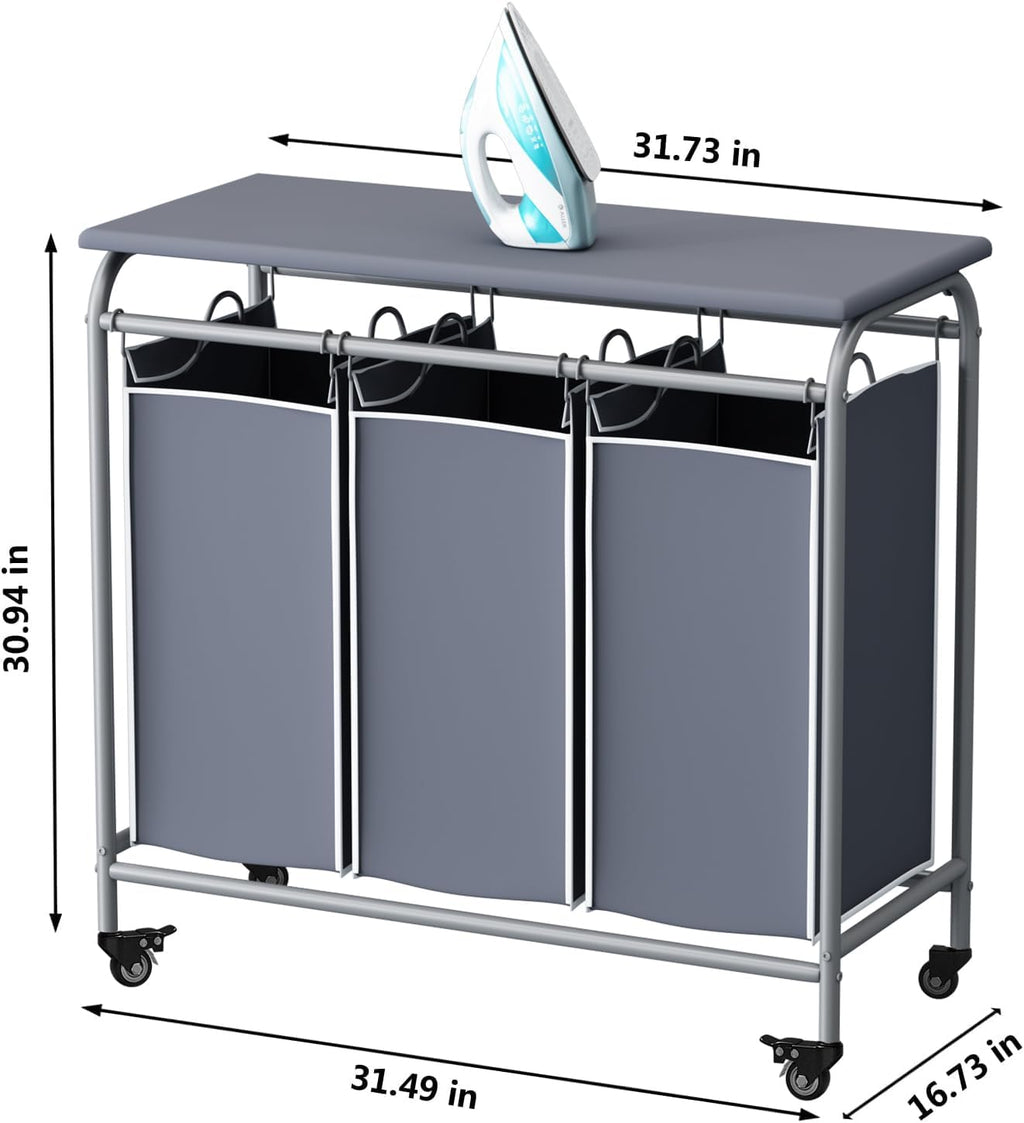 LINZINAR 3 Bag Laundry Basket Sorter Heavy Duty Rolling Lockable Wheels Laundry Hamper Cart with Ironing Board and Removable Bags, Grey