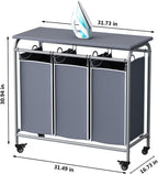 LINZINAR 3 Bag Laundry Basket Sorter Heavy Duty Rolling Lockable Wheels Laundry Hamper Cart with Ironing Board and Removable Bags, Grey