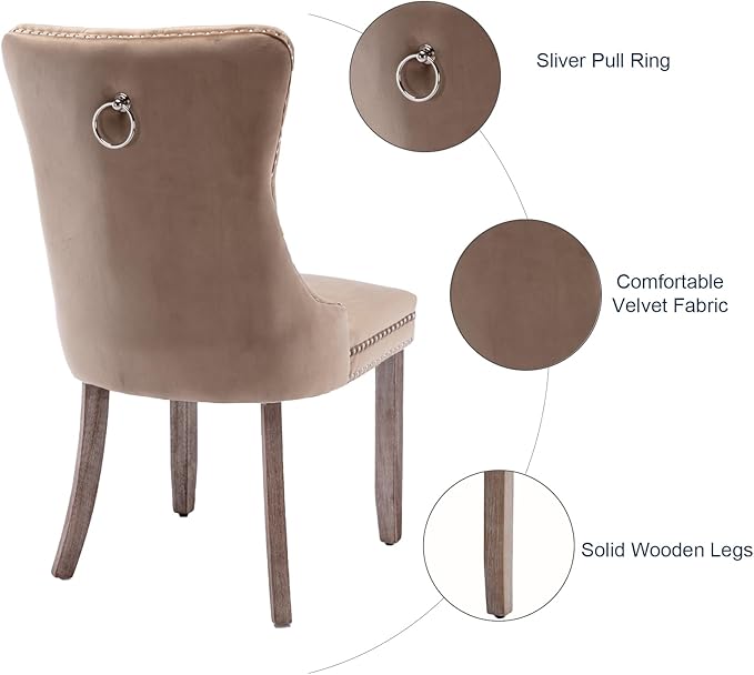 Velvet Dining Chairs Set of 2, Tufted Upholstered Dining Room Chairs with Back Ring Pull, Nailhead Trim and Solid Wood Legs, Modern Dining Chairs for Dining Room, Kitchen(Khaki)