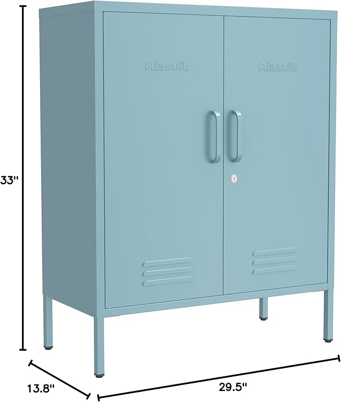 Wide Multipurpose Metal Storage Cabinet with Lockable Design & 2 Adjustable Partitions, Thickened Steel & Sturdy Construction for Home, Living Room & Office Blue 33" H X 29.5" W X 13.8" D