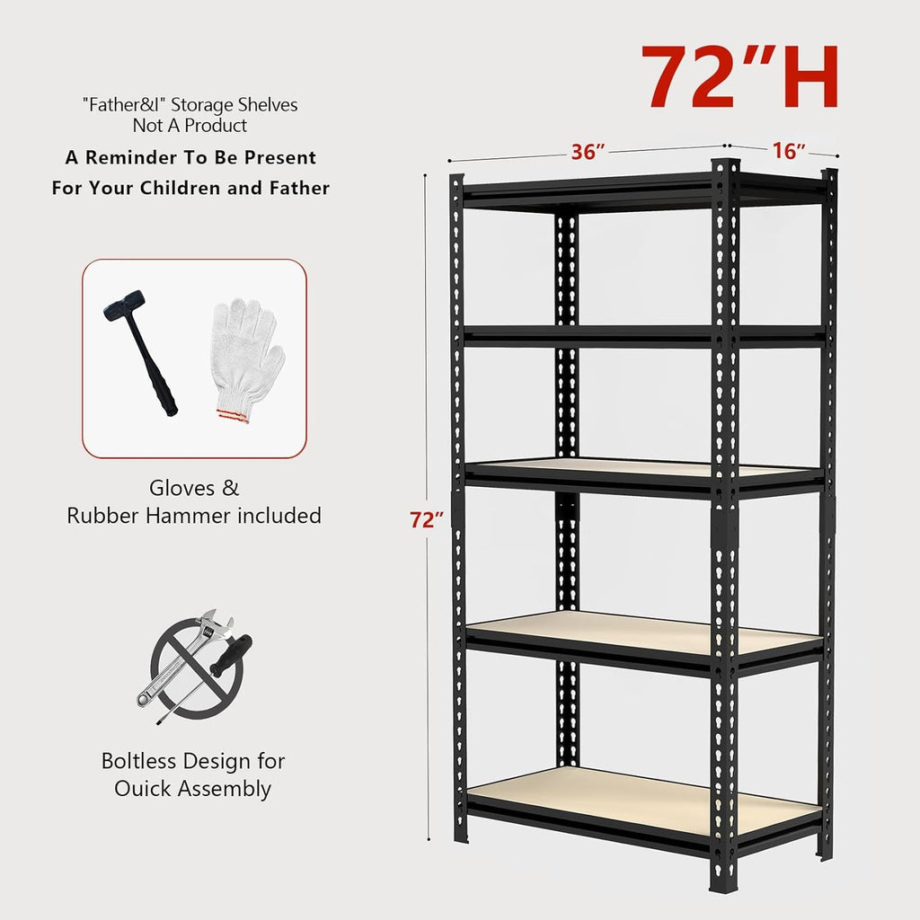 36" W Father&I 5-Shelf-Rack Industrial Metal Shelves Steel Utility Garage/Kitchen Storage Stand Shelving Units Adjustable Heavy-Duty Organizer for Shed/Closet/Pantry/Tote 72" H*36W*16D, Black