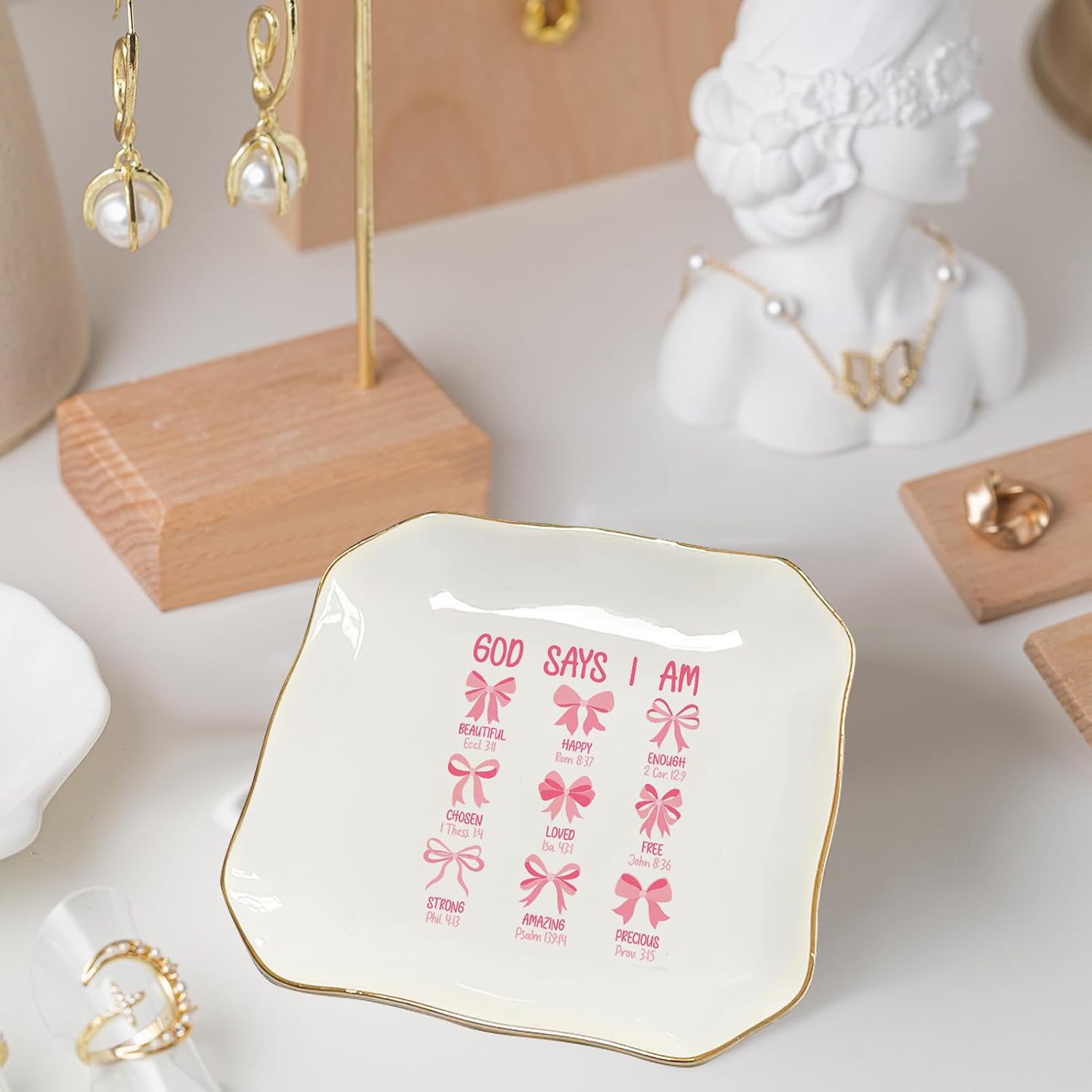 God Says You Are Jewelry Dish - Pink Bow Ceramic Ring Holder Tray for Women, Inspirational Bible Verse Jewelry Organizer Gift for Birthday, Christmas, Wedding, Friend, Mom