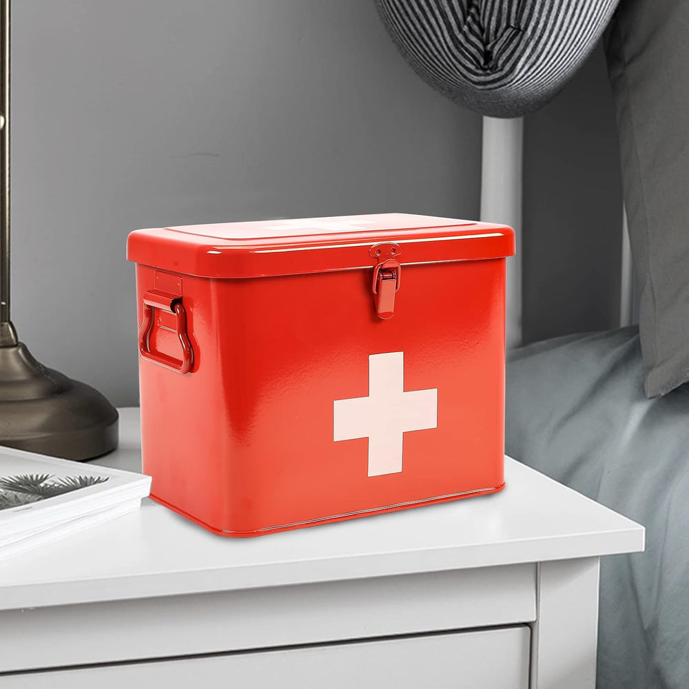 First Aid Kit, First Aid Medicine Supplies Bin - 2-Tier Metal Medicine Storag...