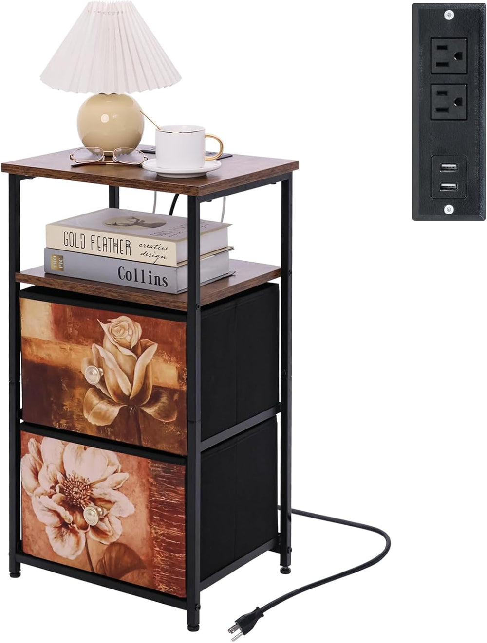 ALBAD Nightstand with Charging Station and LED Lights, Brown Flower Drawers |...