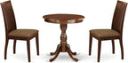 East West Furniture ESIP3-MAH-C 3 Piece Modern Dining Table Set Contains a Round Wooden Table with Pedestal and 2 Linen Fabric Upholstered Dining Chairs, 30x30 Inch, Mahogany