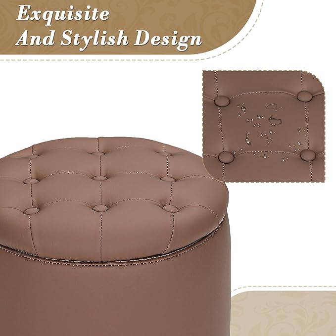 Athena Collection 15 Inch Small Ottoman with Storage, Round PU Leather Storage Ottoman Foot Rest with Removable Lid, Multipurpose Footstool Footrest for Living Room, Bedroom, Dorm, Brown