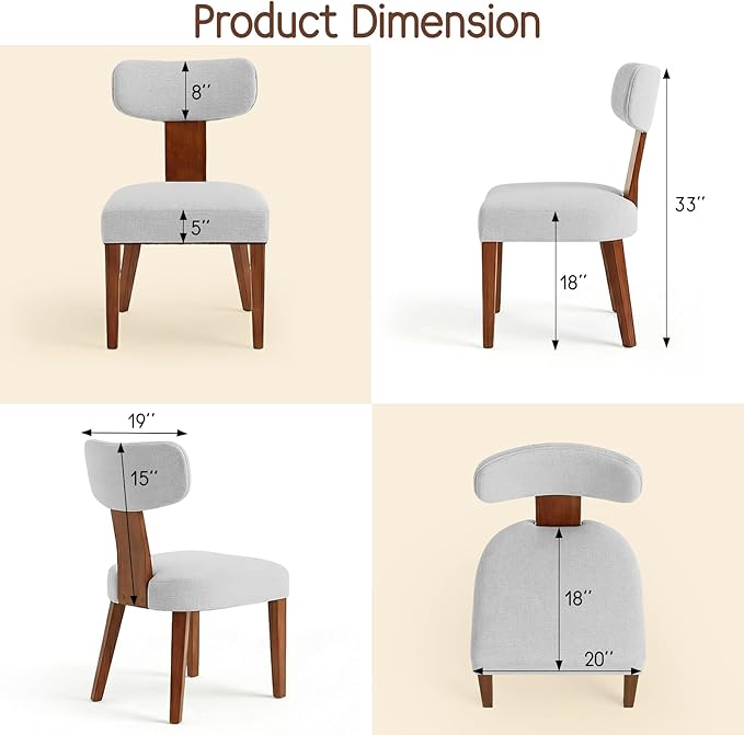 Dining Chairs Set of 4, Mid-Century Modern Upholstered Kitchen Chairs with Curved Backrest and Linen Fabric Seat, Wood Leg Accent Chairs for Dining Room, Living Room, Bedroom, Grey