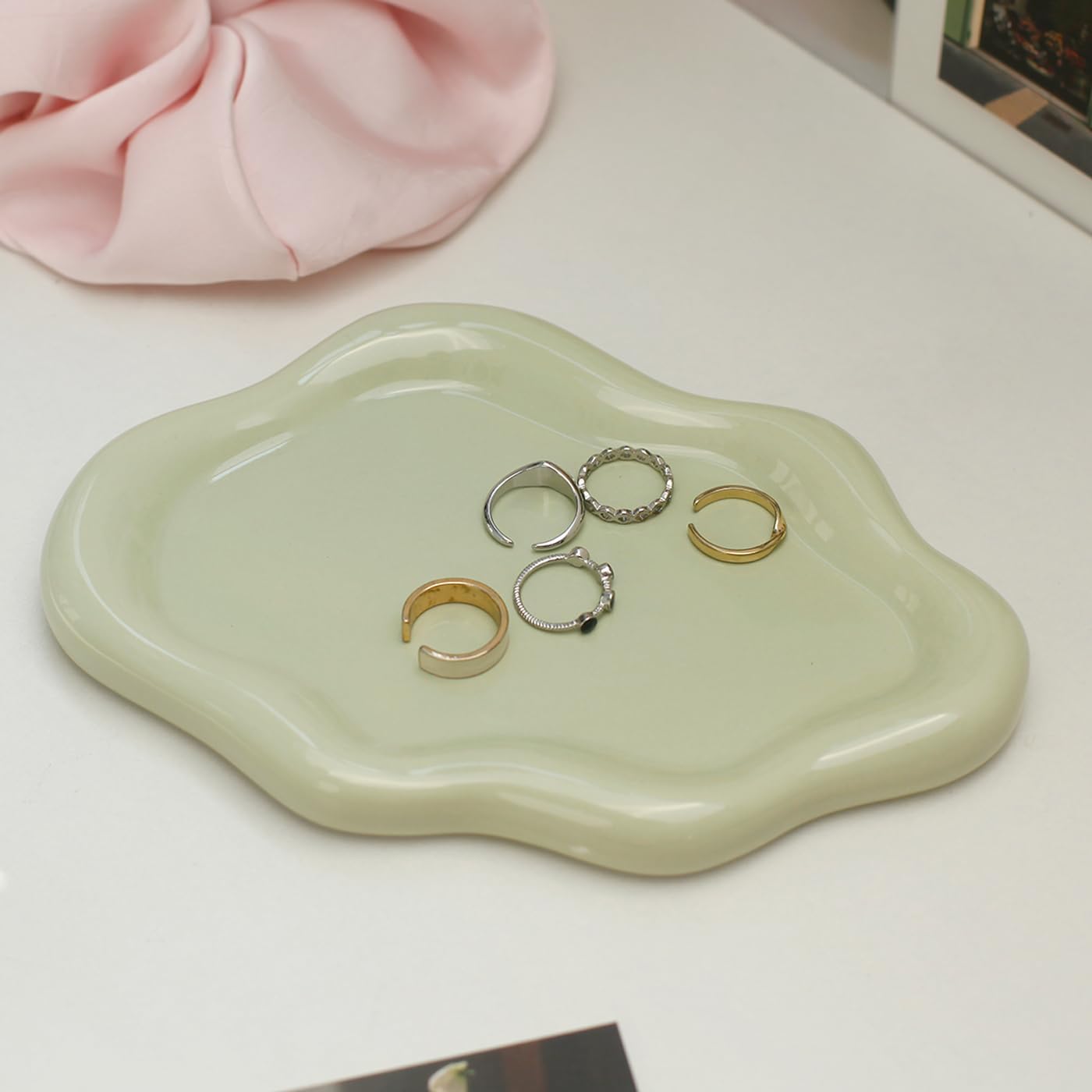 Jewelry Dish Trinket Tray for Women, Ring Dish Holder, Unique Cloud Shape Ceramic Plate Cute Things Vanity Aesthetic Room Decor Mother's Day Birthday (Mint Green)