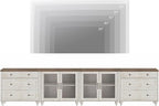 WAMPAT Modern TV Stand for TVs up to 110 inch, 4 in 1 Entertainment Center with Storage Cabinets and 4 Glass Door, Media Console with 6 Drawer Dresser for Living Room, Rustic White