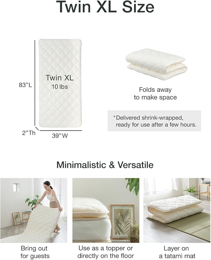 FULI Japanese Futon Japanese Floor Bed, Tatami Foldable Bed, Roll Up Sleeping Pad, Shikibuton, Made in Japan (White, Twin XL)