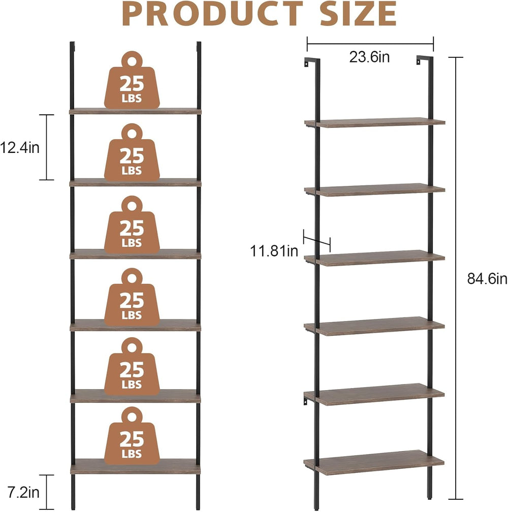 Wolawu Ladder Shelf Black 6 Tiers Modern Bookshelf Room Organizer Open Tall W...