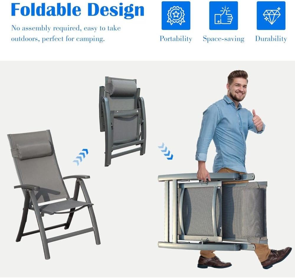 Folding Patio Chair with Textilene Seat and Aluminum Frame for Camping, Beach...