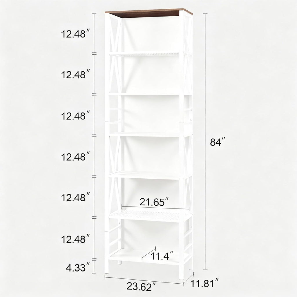 HOMISSUE Bookshelf, 7-Tier Bookshelf, Rustic Wood Metal Bookshelves and Bookcases, Freestanding Open Bookshelf, Industrial Tall Bookcase for Home Office, Living Room and Bedroom, White