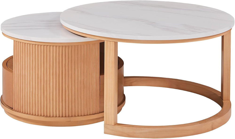 49'' Round Nesting Coffee Table with Drawer, Modern 2-Tier Wood Coffe...