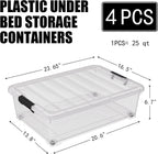 4 Pack Multipurpose 25 Qt Underbed Secure Latching Bin, Plastic Storage Container with Snap-On Lid and Wheels, Clear