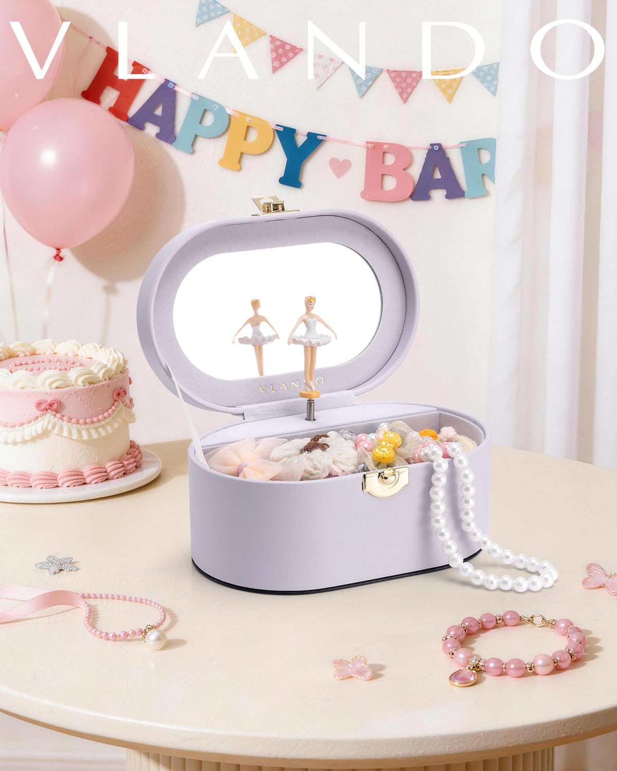 VLANDO Musical Jewelry Box for Girls, Oval Design with Spinning Ballerina | Large Compartment for Daily Treasures, Plays Canon Melody, Built-In Mirror and Soft Portable Handle, Birthday Christmas Gift