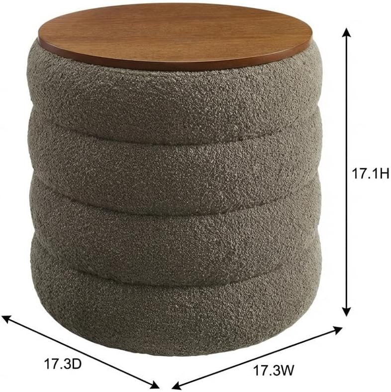 Gray Round Boucle Fabric Storage Ottoman, Indoor-Outdoor Seating, 17.3-Inch D...