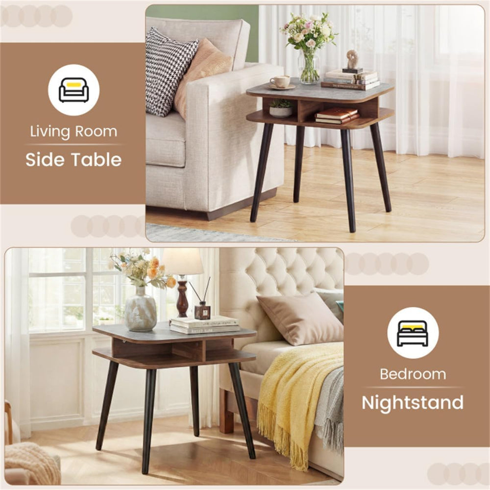 24" Square Faux Marble End Table with 4-Sided Storage Shelves | Nightsta...