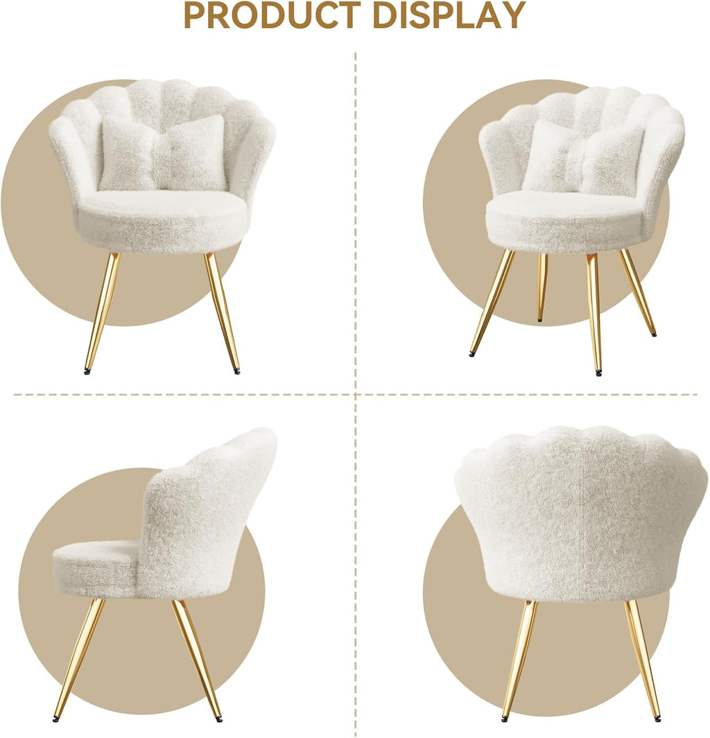 Plush Velvet Sherpa Accent Chair with Gold Metal Legs, Fluffy Vanity Chair for Makeup Room, Upholstered Guest Chair for Living Room, for Bedroom, Cream White