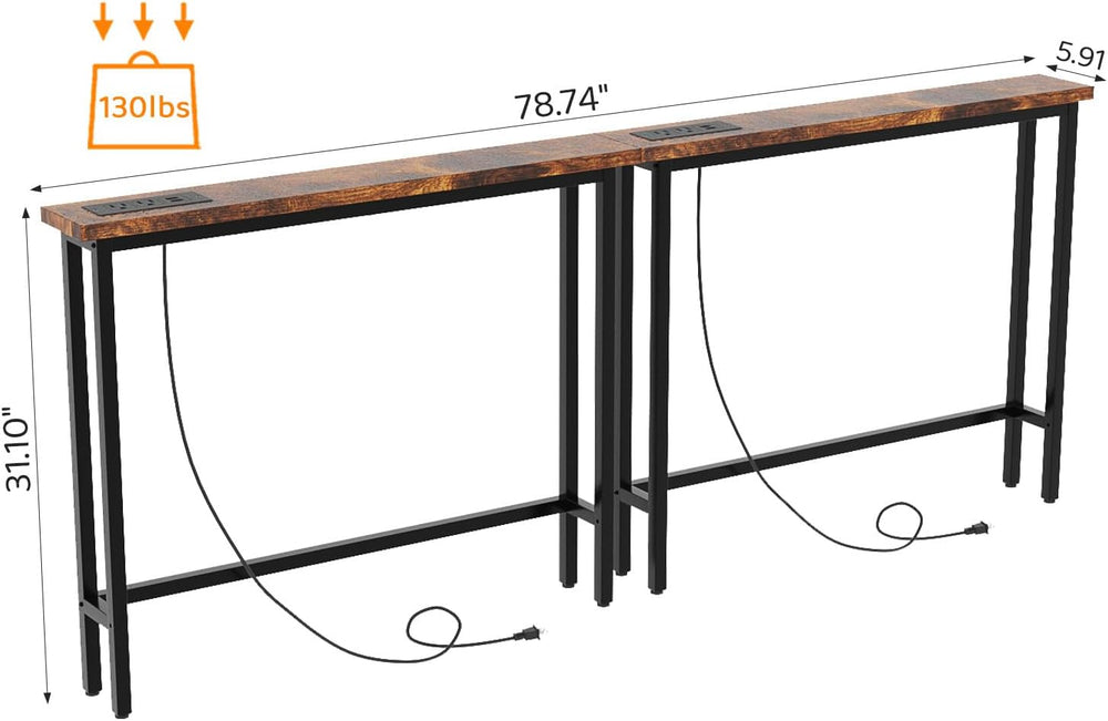 VINGLI 79" Narrow Console Table with Power Outlet 2 Pack, Rustic Brown |...