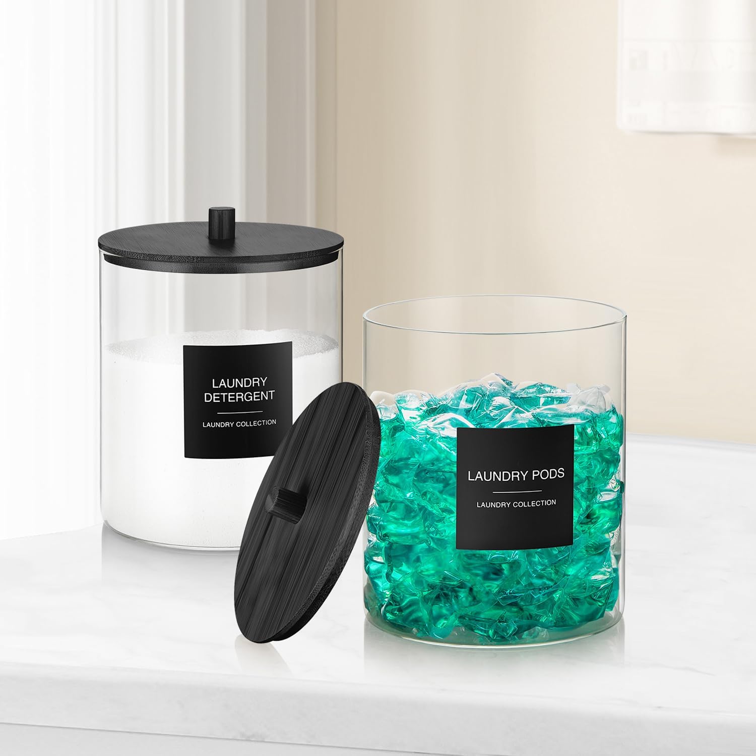 TIPGO Glass Jars for Laundry Room Organization, Laundry Pods Container with 27 Labels, Detergent Holder with Bamboo Lid, Cute Storage Jars, Black (Set of 2)