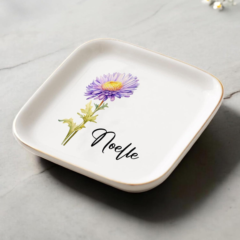 Custom Gifts For Mom - Personalized Birth Flower Trinket Dish,Custom Jewelry Ring Dish,Mom Birthday Gifts,Wedding Bridesmaid Gift