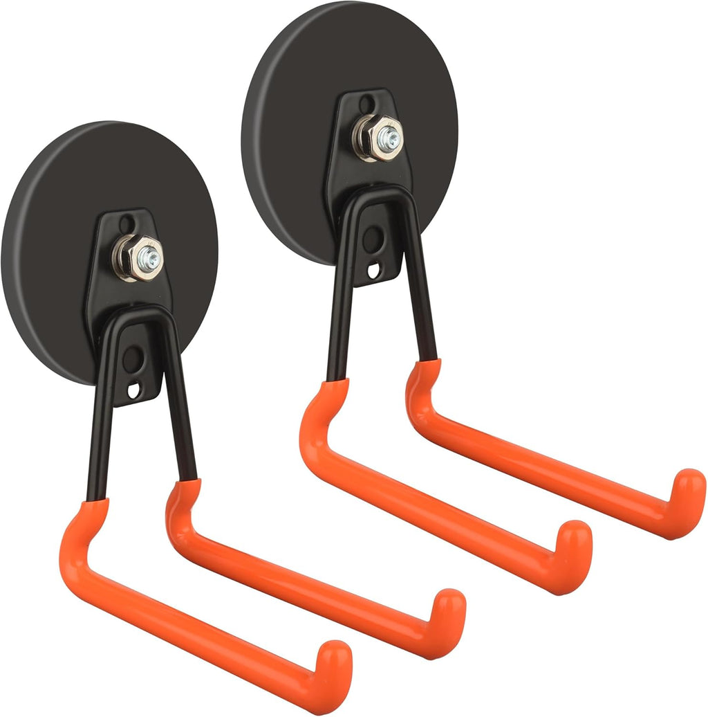 ULIBERMAGNET New Updated Strong Magnetic Hooks,2 Pack Heavy Duty Large Magnetic Hooks for Extension Cord, Cable, Hose, Power Cord,Rope,Drill,Jig Saw,Circular Saw,Garden Lawn Tools (Orange/3.46inch)