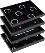 PH PandaHall Black Jewelry Tray 4 Pack Jewelry Organizer Tray Rectangle Display Trays Stackable Storage Case for Earrings Rings Necklaces Dresser Drawer Vendor Display Christmas Decor, 13.7x9.4inch