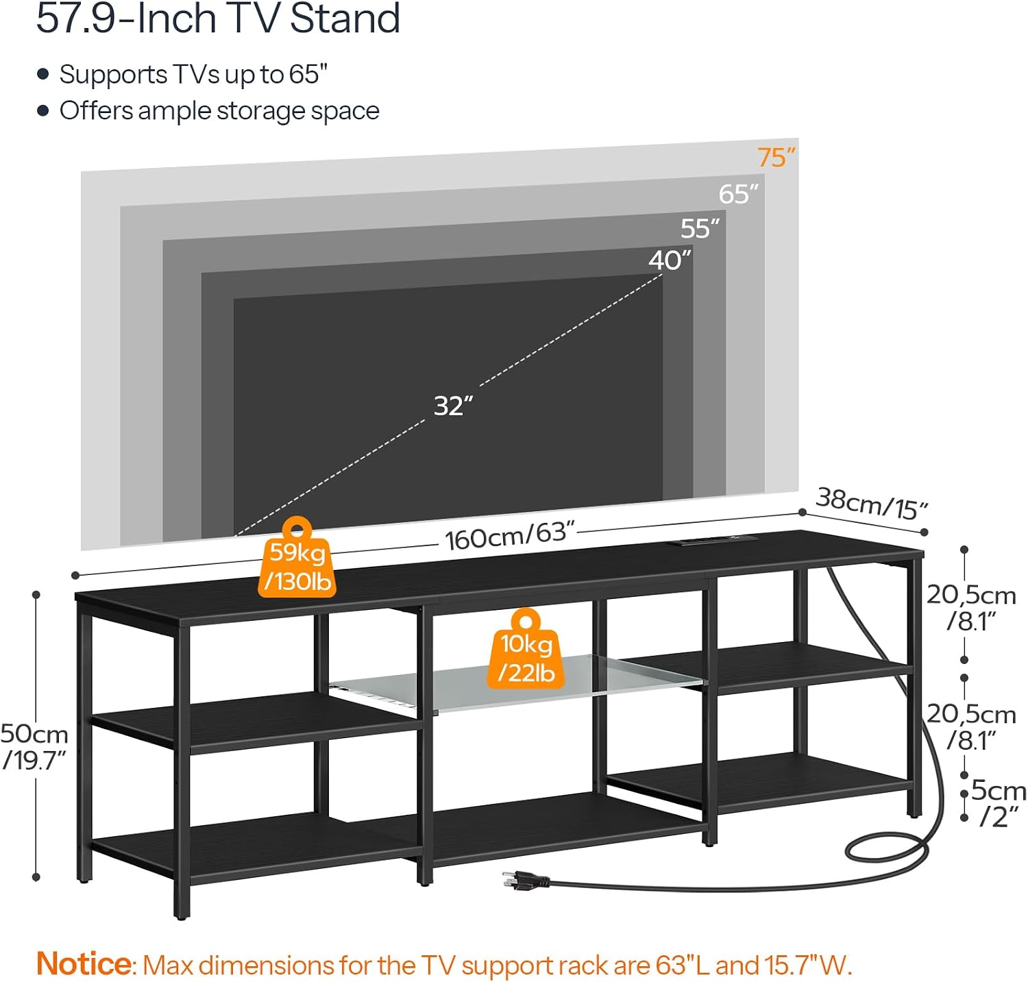 HOOBRO LED TV Stand for 75 Inch TVs with Charging Station, Gaming Entertainment Center with 3-Tier Open Storage, Long 63” Media TV Console Table, TV Stand for Living Room, Bedroom, Black BB21UDDS01