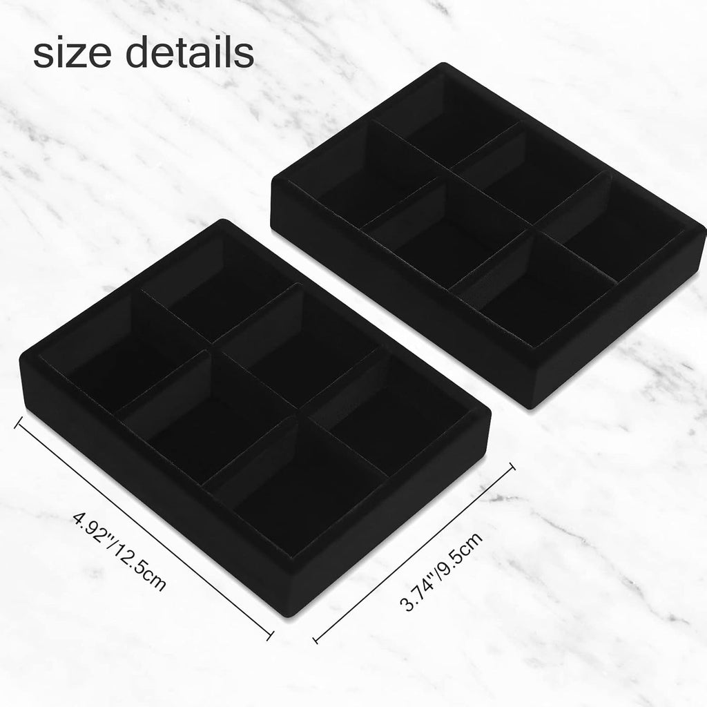 DesignSter Small Jewelry Tray-Ring Organizer 2PCS Premium Velvet Rings Earrings Display Tray Storage Insert Holder for Jewelry Box, Drawer, Dresser (6 Grids, Black)