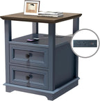 End Table with Fast USB C Charging Station, 18" Wide Tall Sofa Side Table with 2 Drawers, Large Storage Rustic Wood Square Storage Cabinet for Living Room,Bedroom,Office, Blue