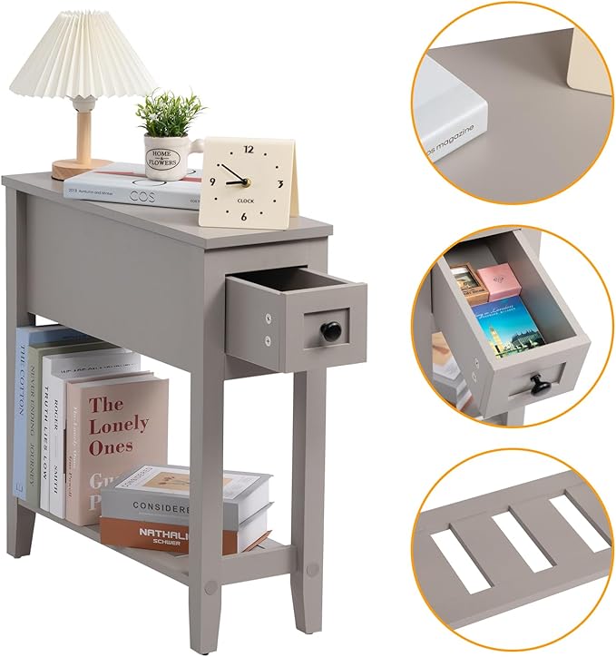 Gery Chairside Narrow End Table, Solid Recliner Side Table with Drawer, Slim ...