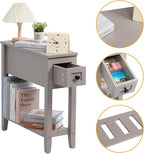 Gery 2 Pack Chairside Narrow End Table with Drawer, Solid Recliner Side Table with Storage Shelf, Slim Nightstand Bedside Table for Bedroom
