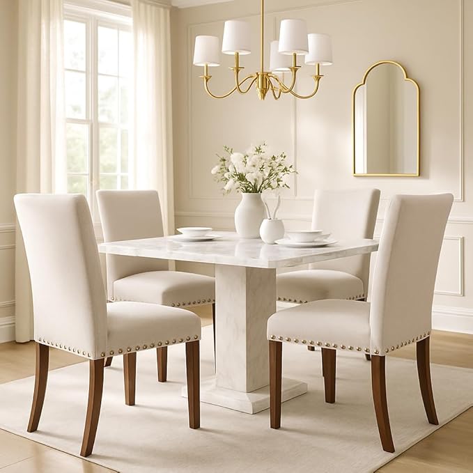 Set of 4 Beige Upholstered Dining Chairs – Farmhouse Kitchen Chairs with High Back, Solid Rubberwood Legs, Padded Foam Seat & Bronze Nailhead Trim, Comfortable Dining Room Chairs for Home, Living Room