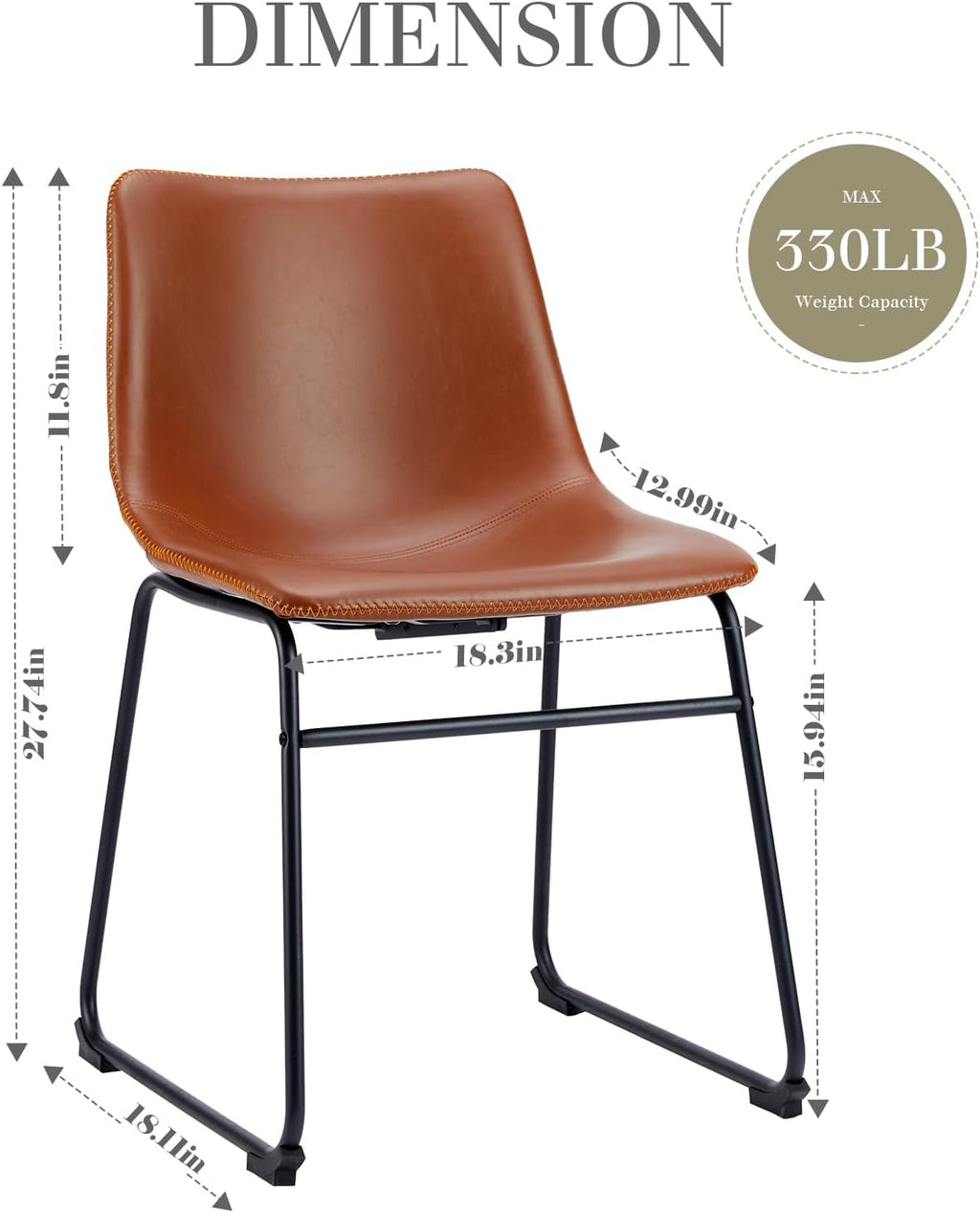 NEWBULIG Dining Table Height Barstools with Leather Back Matel Bar Stool Chairs for Kitchen, Set of 2 16 inch, Whiskey Brown