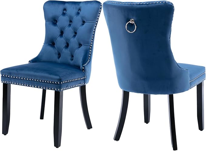 Velvet Dining Chairs Set of 2, Tufted Upholstered Dining Room Chairs with Back Ring Pull, Nailhead Trim and Solid Wood Legs, Modern Dining Chairs for Dining Room, Kitchen(Blue)