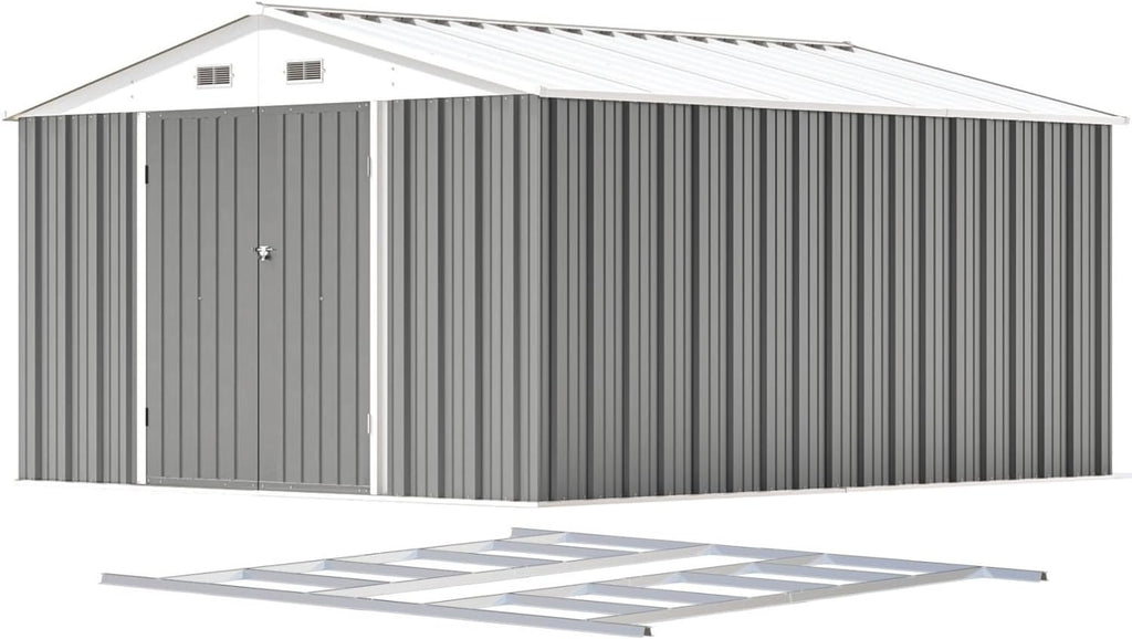 Patiowell 10 x 12 FT Metal Storage Shed for Outdoor with Floor Frame, Steel Yard Shed with Design of Lockable Doors, Utility and Tool Storage for Garden, Backyard, Patio, Outside use, Grey