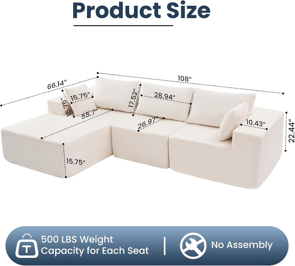 DUMOS 108" L-Shaped Sectional Couch, Left Facing Chaise | Upholstered Co...