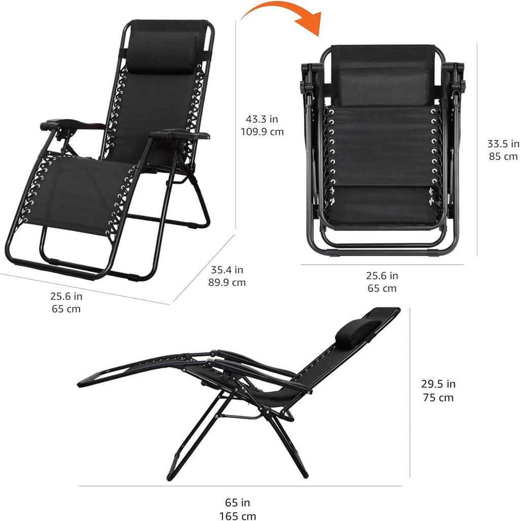 Amazon Basics Zero Gravity Lounge Chair with Pillow, Foldable Outdoor Reclining Chair for Patio and Beach, Weather-Resistant Textilene, 300 lb Capacity, 26", Black