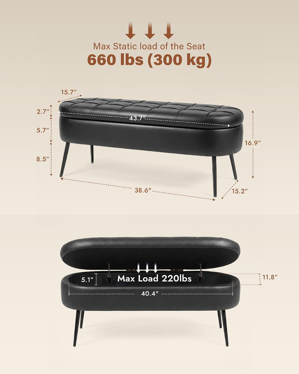 Storage Ottoman Bench, 43.7" PU Leather End of Bed Bench Black | Bench w...